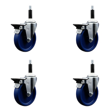 Service Caster 5'' Solid Poly Swivel 7/8'' Expanding Stem Caster Set with Brake, 4PK SCC-EX20S514-SPUS-PLB-78-4